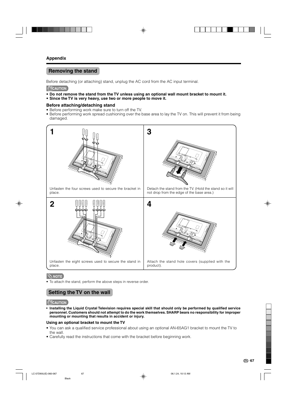 Removing the stand, Setting the tv on the wall | Sharp Aquos LC 57D90U User Manual | Page 68 / 78