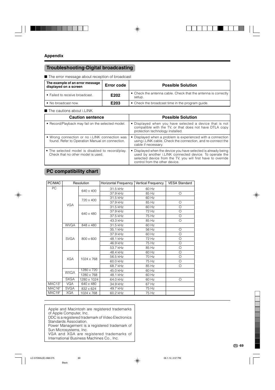 Troubleshooting-digital broadcasting, Pc compatibility chart | Sharp Aquos LC 57D90U User Manual | Page 70 / 78