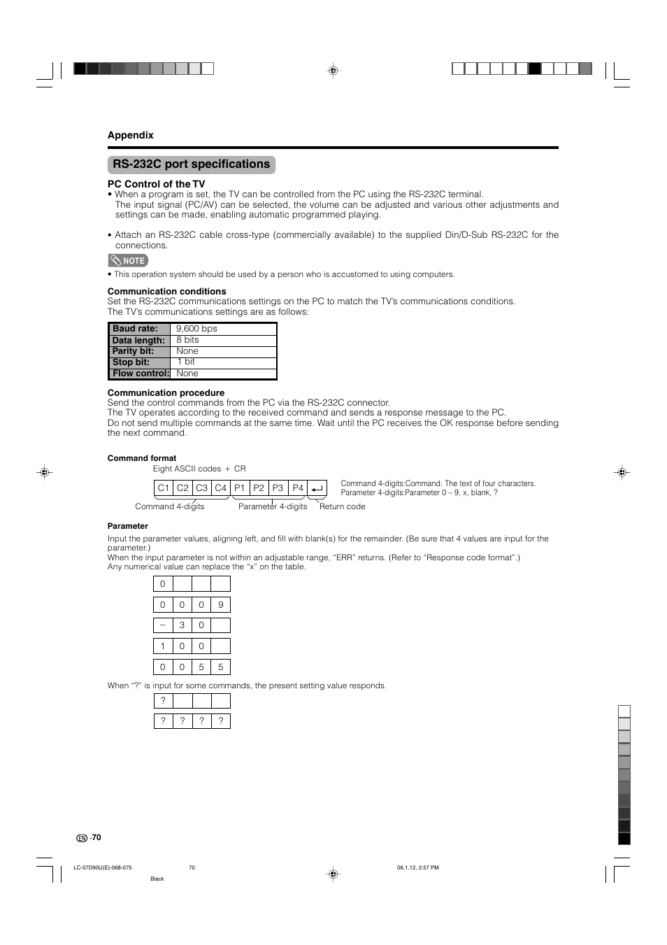 Rs-232c port specifications | Sharp Aquos LC 57D90U User Manual | Page 71 / 78