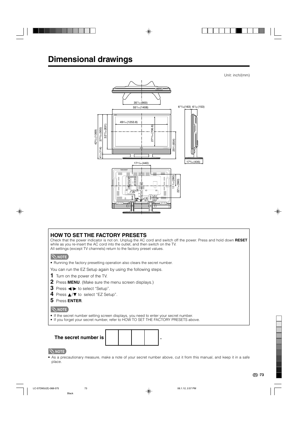 Dimensional drawings, How to set the factory presets, The secret number is | Turn on the power of the tv, Press menu . (make sure the menu screen displays.), Press c/d to select “setup, Press a/b to select “ez setup, Press enter | Sharp Aquos LC 57D90U User Manual | Page 74 / 78