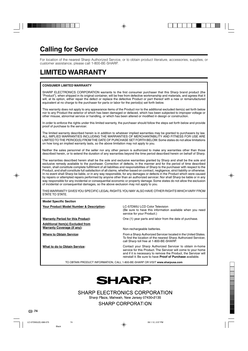 Calling for service, Limited warranty | Sharp Aquos LC 57D90U User Manual | Page 75 / 78