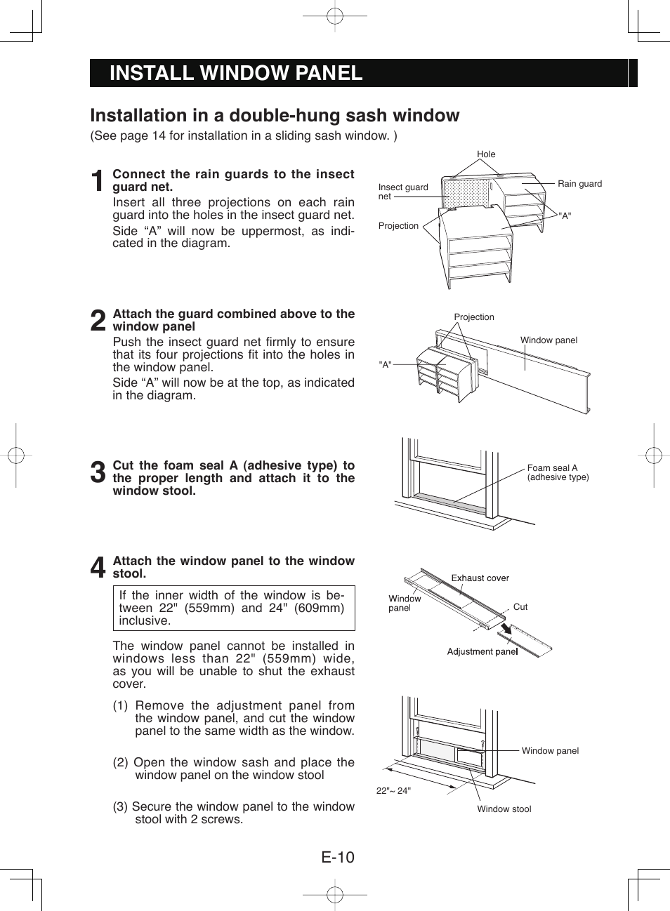 Install window panel, Installation in a double-hung sash window | Sharp CV-P10NC User Manual | Page 12 / 64