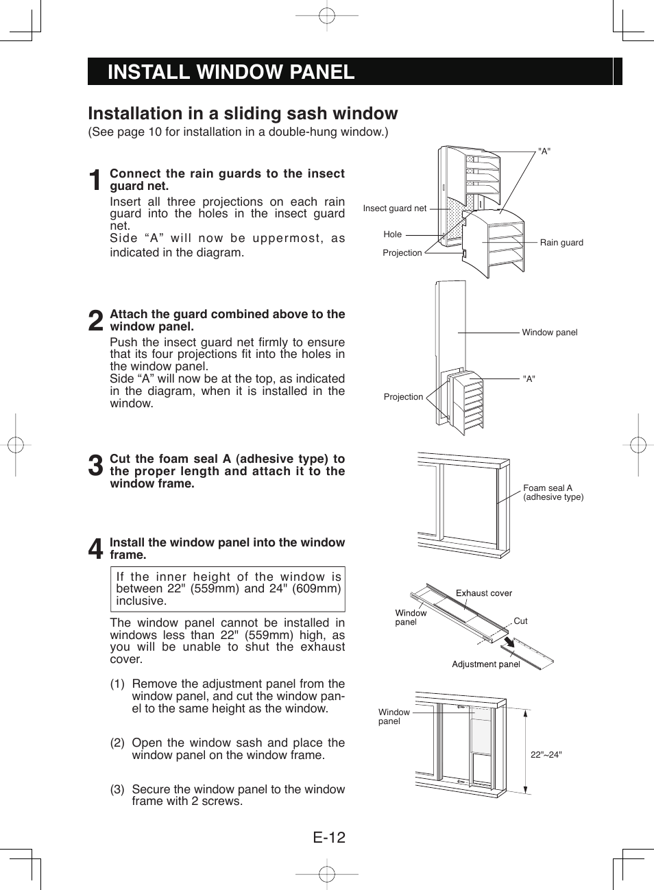 Install window panel, Installation in a sliding sash window, E-12 | Sharp CV-P10NC User Manual | Page 14 / 64