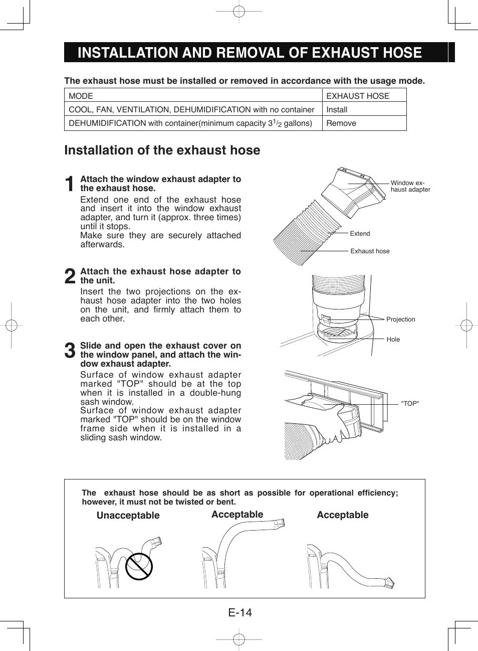 Installation and removal of exhaust hose, Installation of the exhaust hose, E-14 | Sharp CV-P10NC User Manual | Page 16 / 64