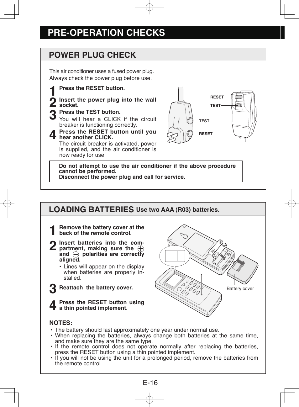 Pre-operation checks, Loading batteries, Power plug check | Sharp CV-P10NC User Manual | Page 18 / 64