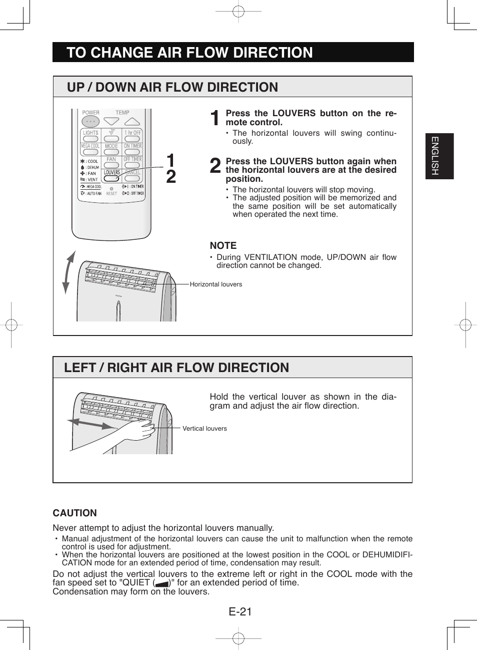 Up / down air flow direction, Left / right air flow direction | Sharp CV-P10NC User Manual | Page 23 / 64