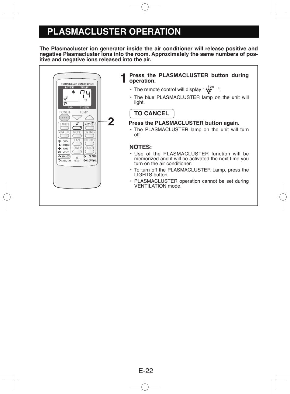 Plasmacluster operation | Sharp CV-P10NC User Manual | Page 24 / 64