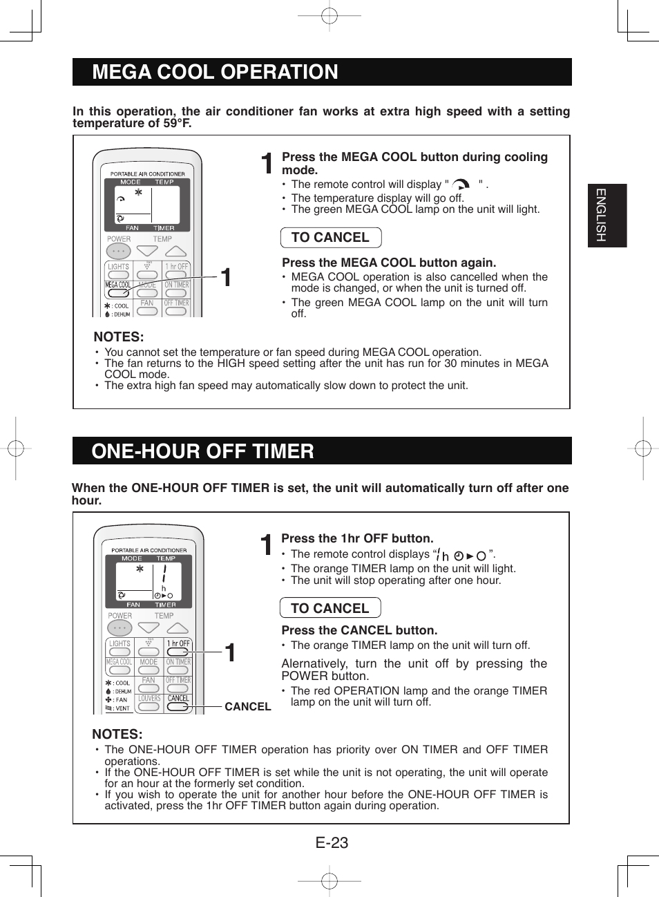 Mega cool operation, One-hour off timer | Sharp CV-P10NC User Manual | Page 25 / 64