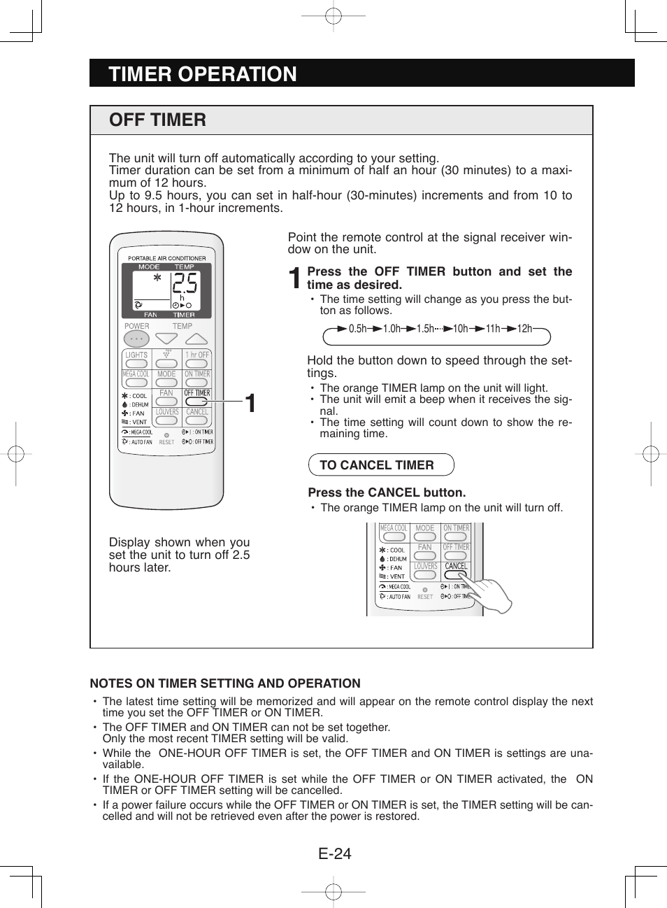 Timer operation, Off timer, E-24 | Sharp CV-P10NC User Manual | Page 26 / 64