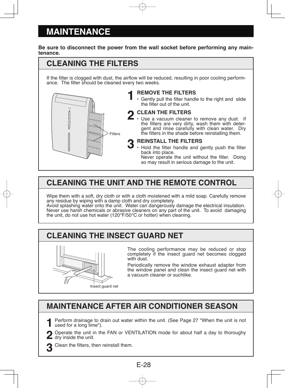 Maintenance, Cleaning the unit and the remote control, Cleaning the insect guard net | Cleaning the filters, Maintenance after air conditioner season | Sharp CV-P10NC User Manual | Page 30 / 64