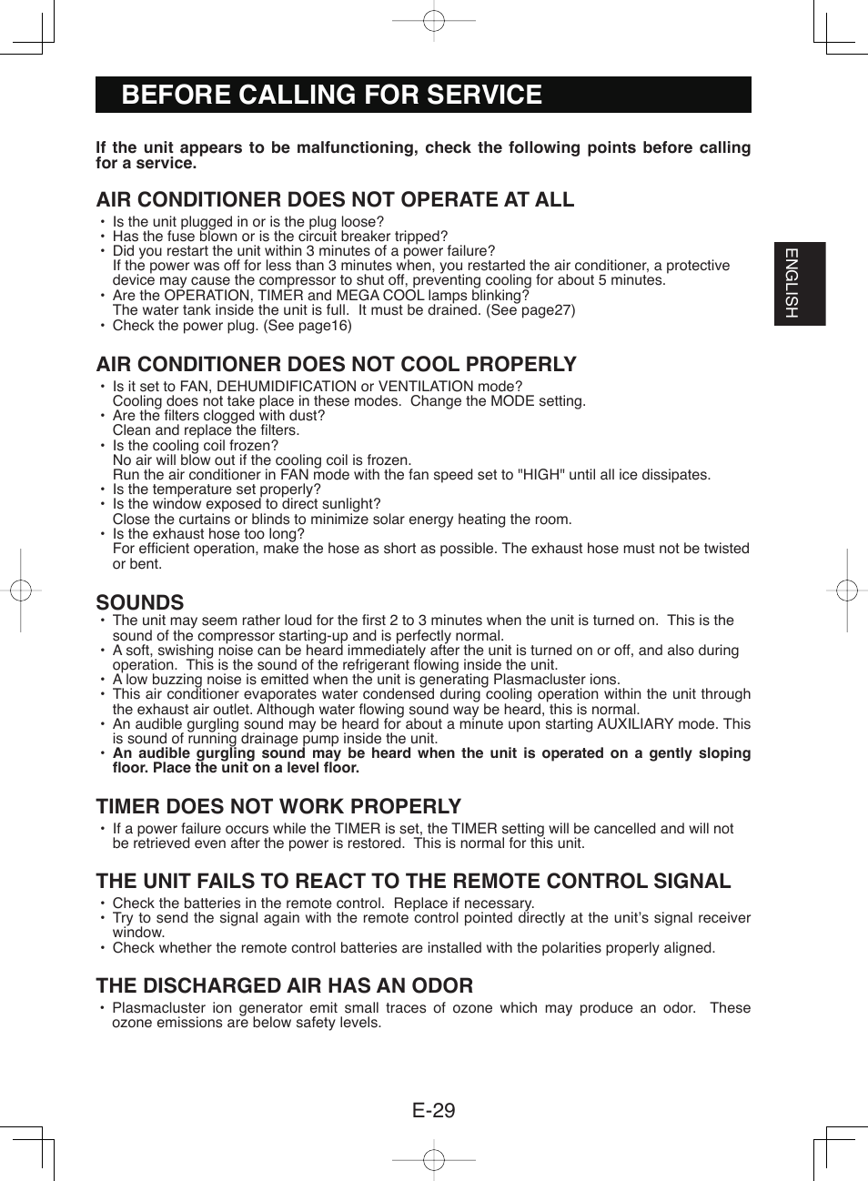 Before calling for service, Air conditioner does not operate at all, Air conditioner does not cool properly | Sounds, Timer does not work properly, The discharged air has an odor, E-29 | Sharp CV-P10NC User Manual | Page 31 / 64