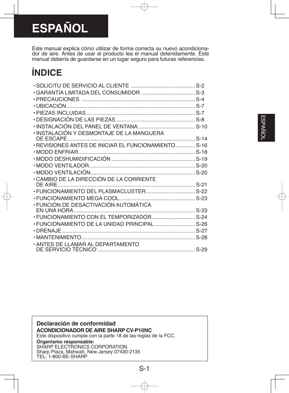 Español, Índice | Sharp CV-P10NC User Manual | Page 33 / 64