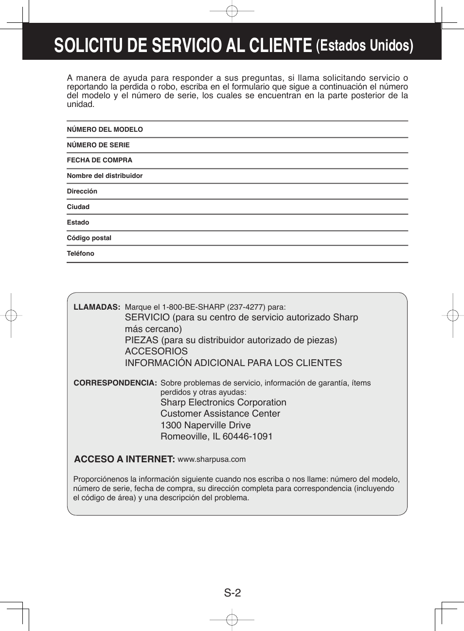 Solicitu de servicio al cliente, Estados unidos) | Sharp CV-P10NC User Manual | Page 34 / 64