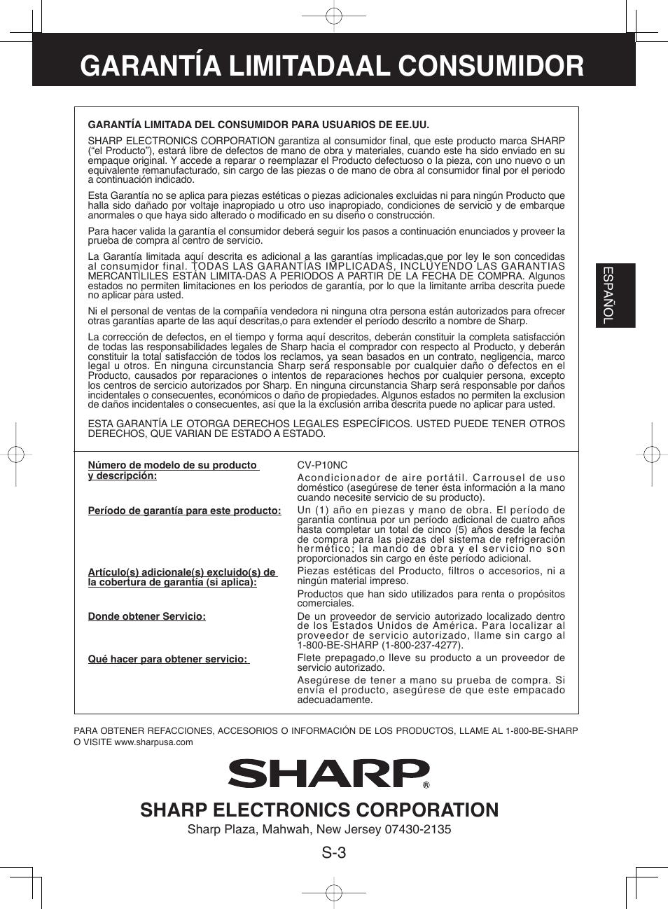 Garantía limitadaal consumidor, Sharp electronics corporation | Sharp CV-P10NC User Manual | Page 35 / 64