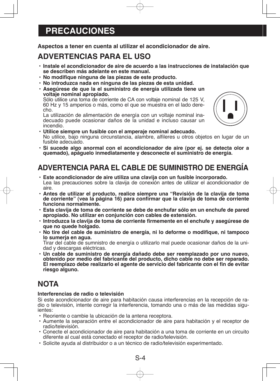 Precauciones, Advertencias para el uso, Advertencia para el cable de suministro de energía | Nota | Sharp CV-P10NC User Manual | Page 36 / 64