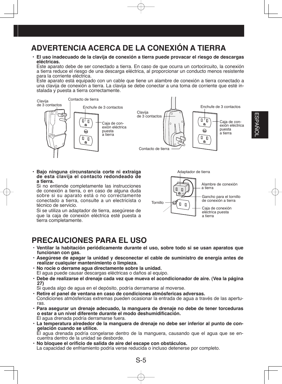 Advertencia acerca de la conexión a tierra, Precauciones para el uso | Sharp CV-P10NC User Manual | Page 37 / 64