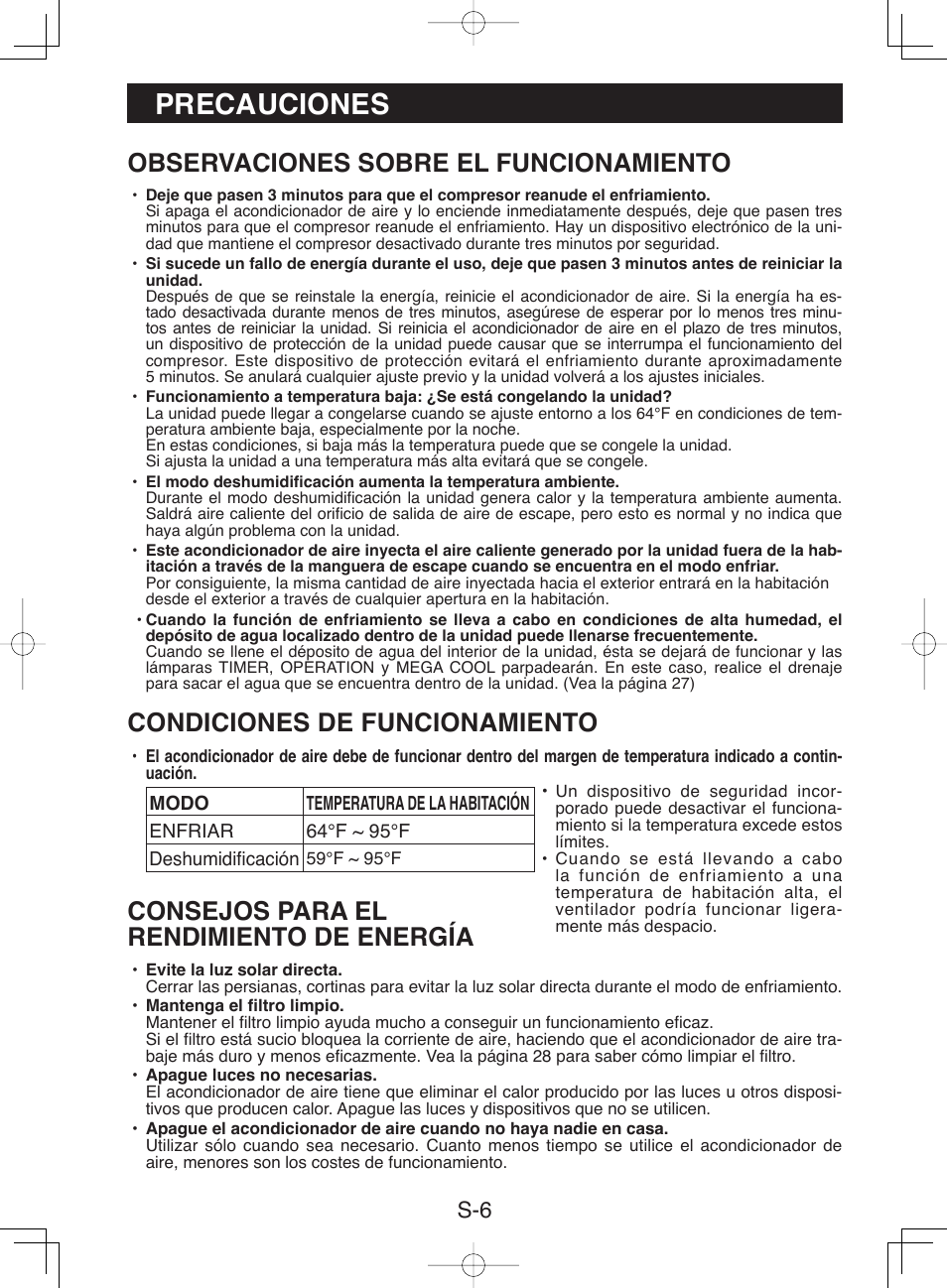 Precauciones, Observaciones sobre el funcionamiento, Condiciones de funcionamiento | Consejos para el rendimiento de energía | Sharp CV-P10NC User Manual | Page 38 / 64