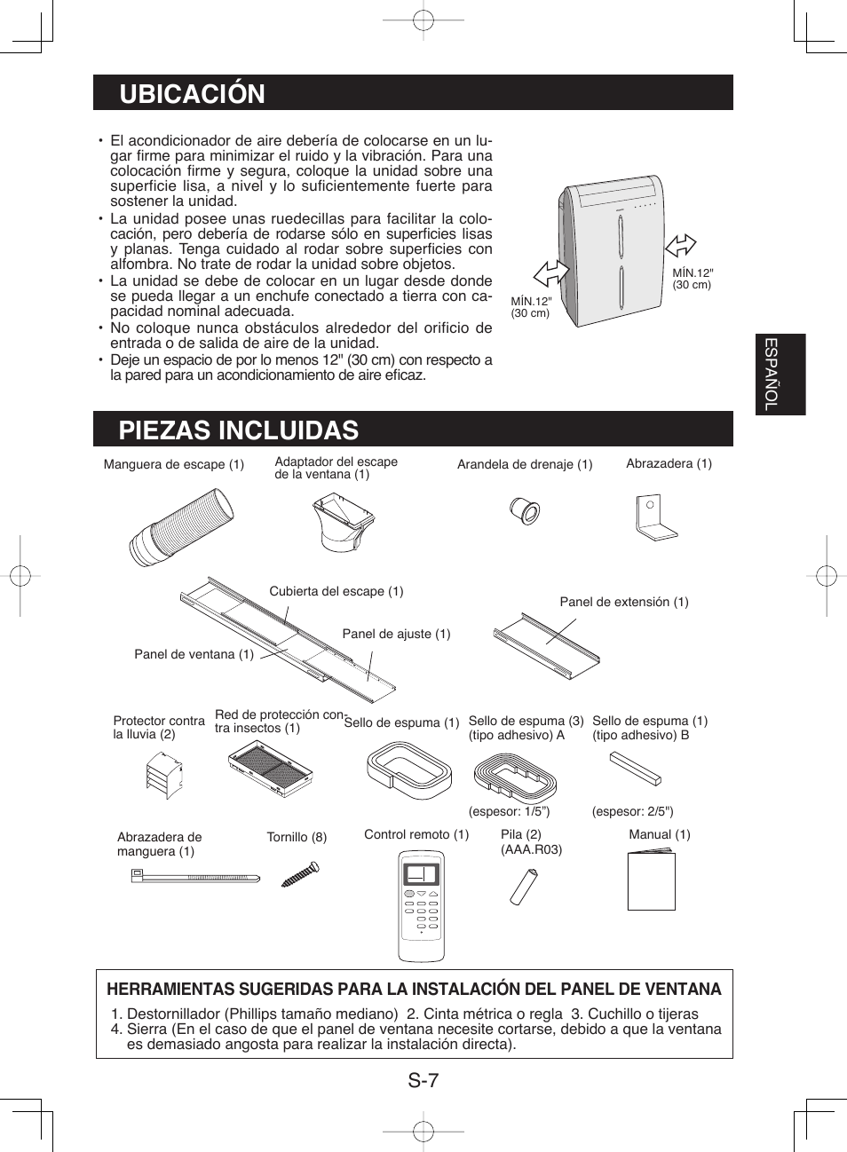 Ubicación, Piezas incluidas | Sharp CV-P10NC User Manual | Page 39 / 64