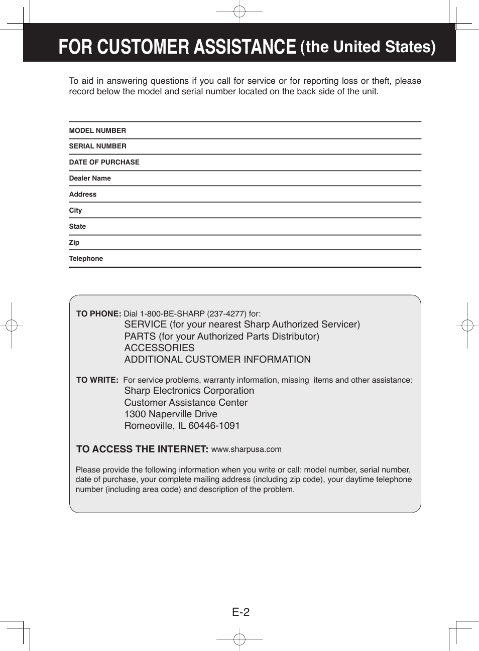 For customer assistance, The united states) | Sharp CV-P10NC User Manual | Page 4 / 64