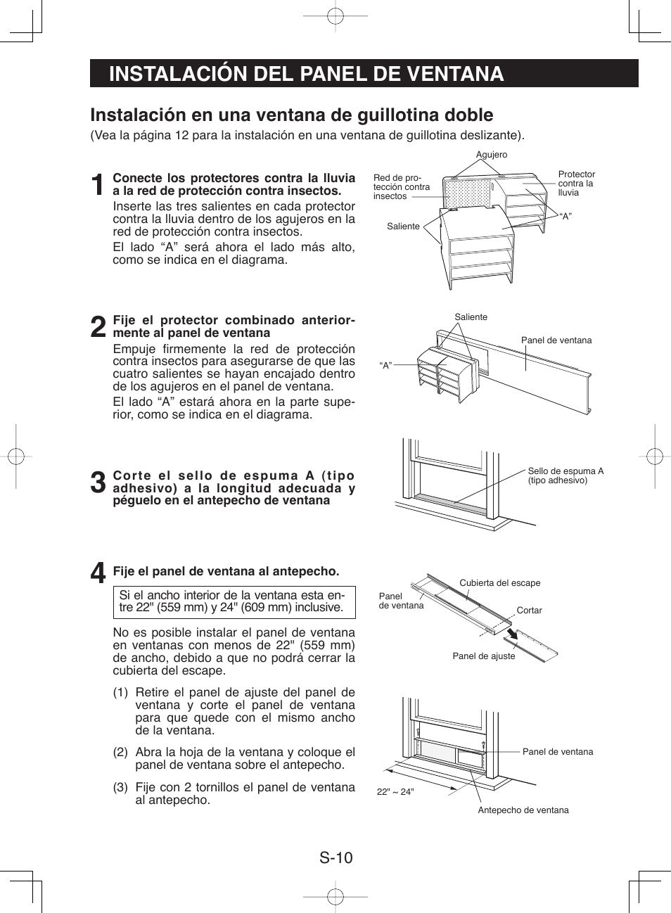 Instalación del panel de ventana, Instalación en una ventana de guillotina doble, S-10 | Sharp CV-P10NC User Manual | Page 42 / 64