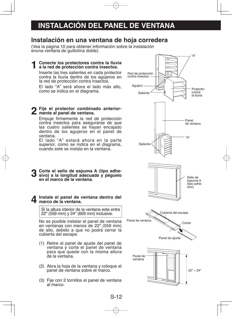 Instalación del panel de ventana, Instalación en una ventana de hoja corredera, S-12 | Sharp CV-P10NC User Manual | Page 44 / 64