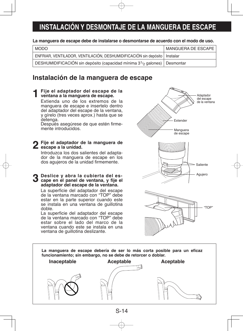 Instalación y desmontaje de la manguera de escape, Instalación de la manguera de escape, S-14 | Sharp CV-P10NC User Manual | Page 46 / 64