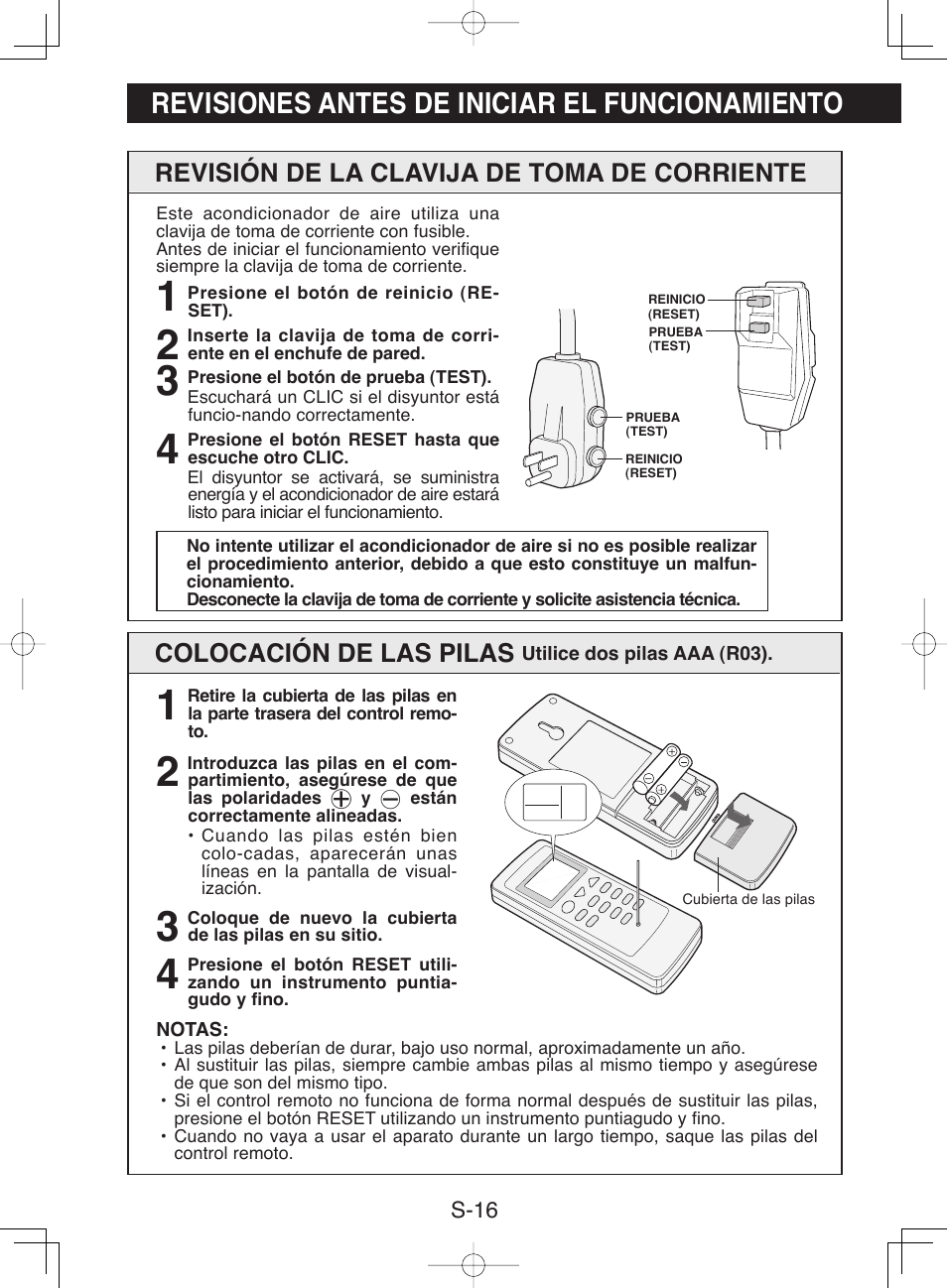 Revisiones antes de iniciar el funcionamiento, Colocación de las pilas, Revisión de la clavija de toma de corriente | Sharp CV-P10NC User Manual | Page 48 / 64