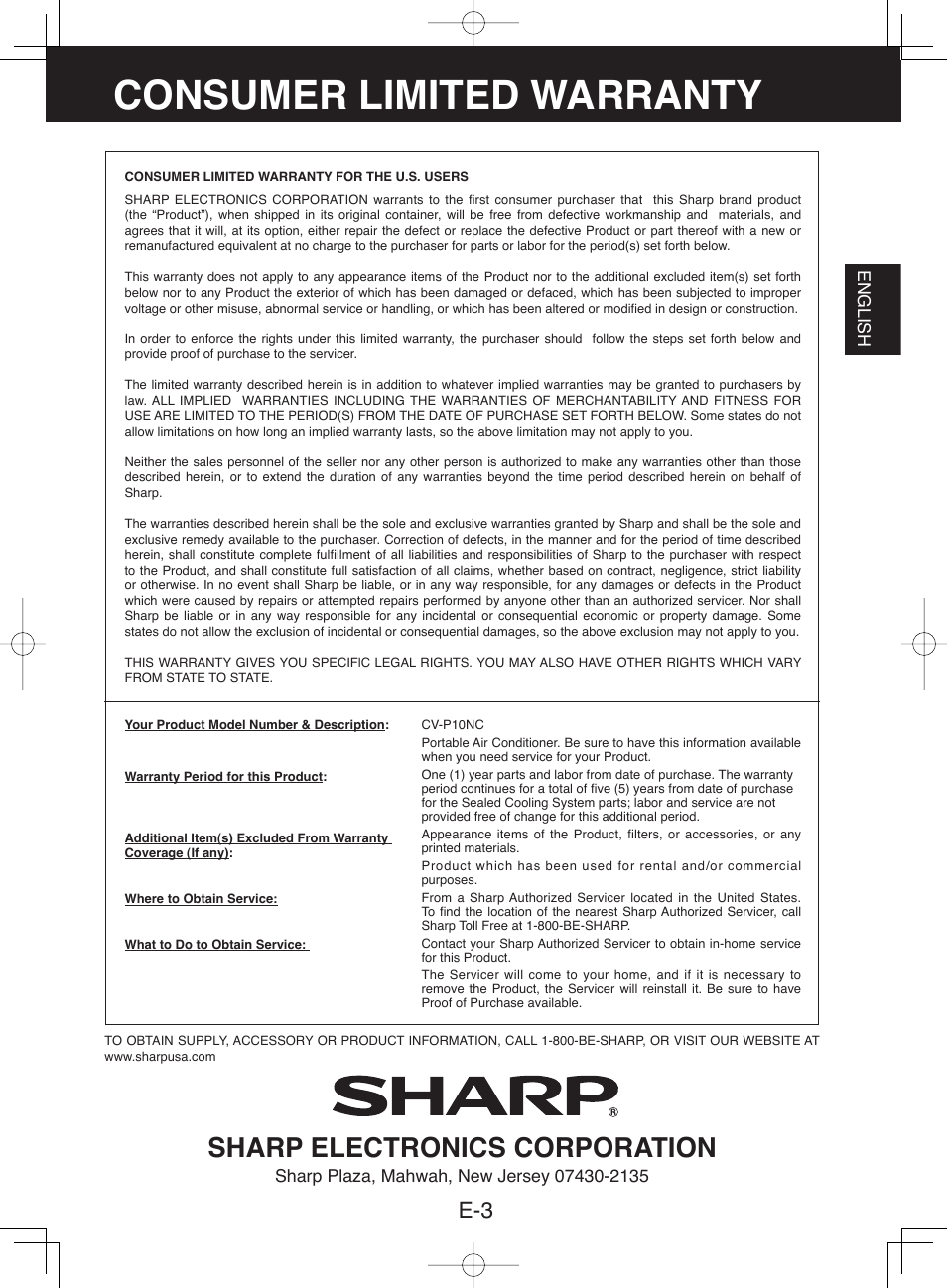 Consumer limited warranty, Sharp electronics corporation | Sharp CV-P10NC User Manual | Page 5 / 64