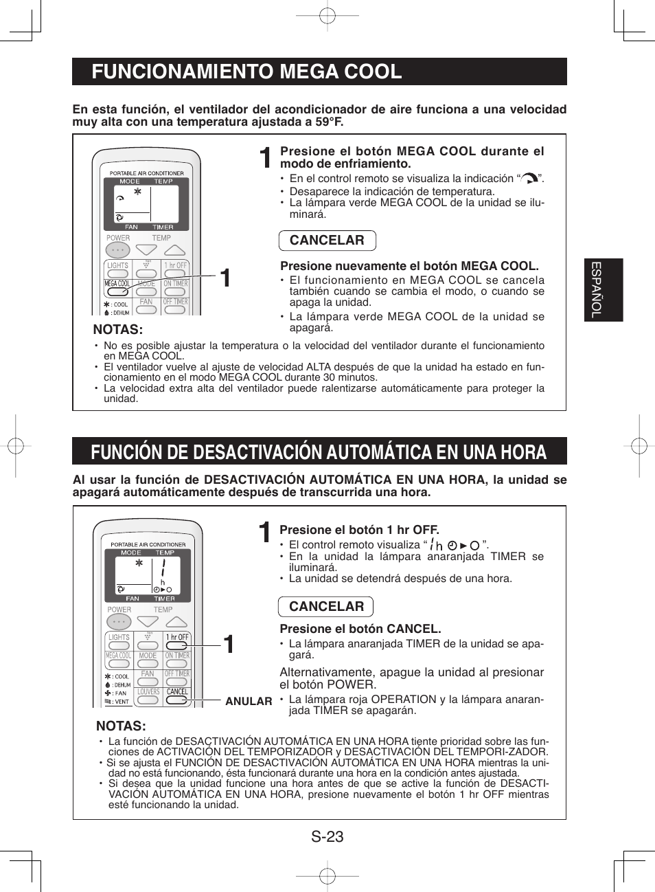 Funcionamiento mega cool, Función de desactivación automática en una hora | Sharp CV-P10NC User Manual | Page 55 / 64