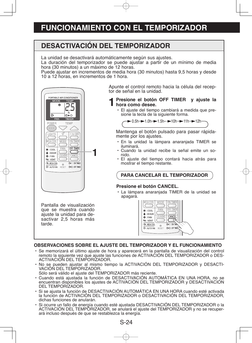 Funcionamiento con el temporizador, Desactivación del temporizador, S-24 | Sharp CV-P10NC User Manual | Page 56 / 64