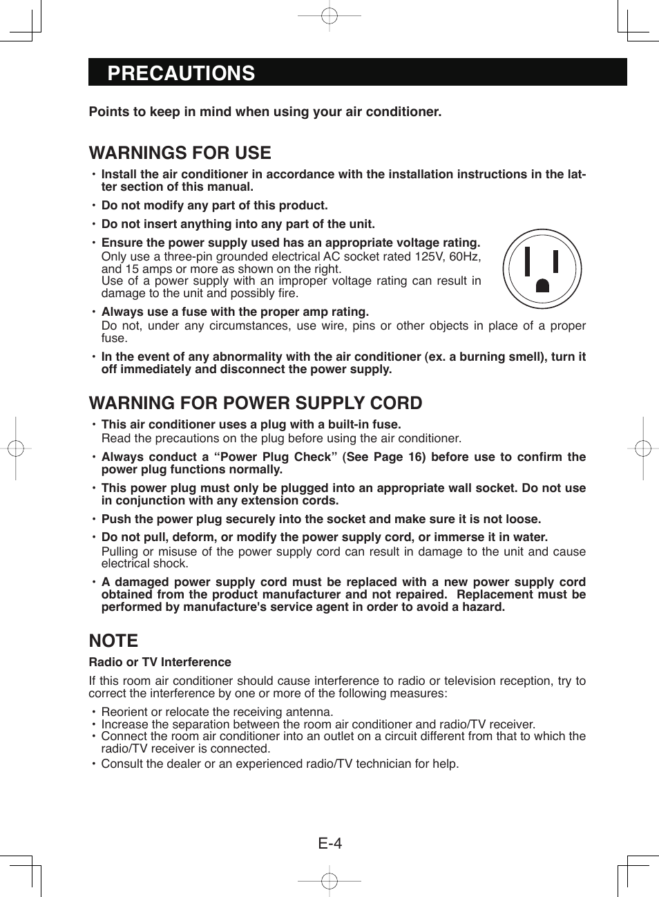 Precautions, Warnings for use, Warning for power supply cord | Sharp CV-P10NC User Manual | Page 6 / 64