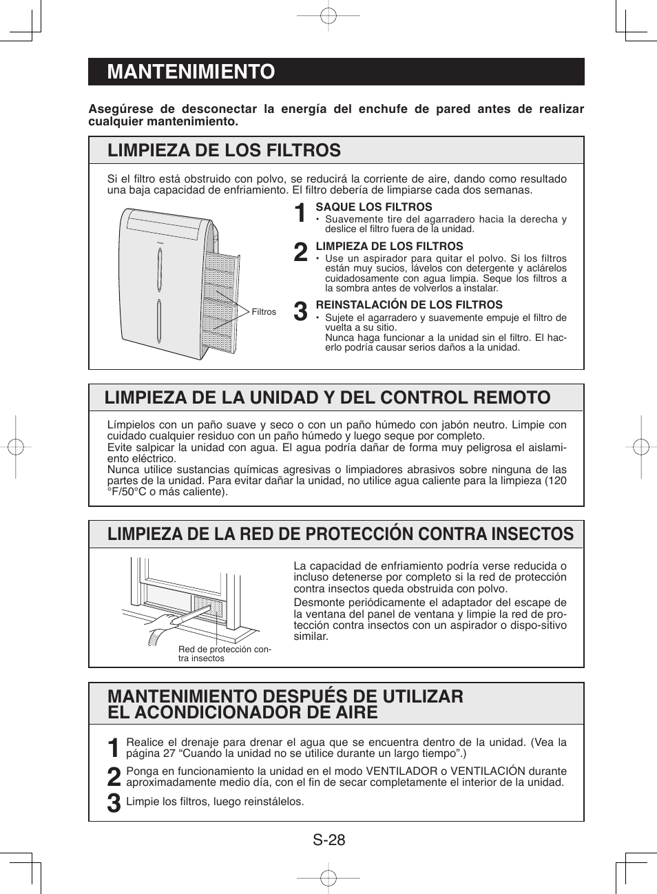 Mantenimiento, Limpieza de la unidad y del control remoto, Limpieza de la red de protección contra insectos | Limpieza de los filtros | Sharp CV-P10NC User Manual | Page 60 / 64