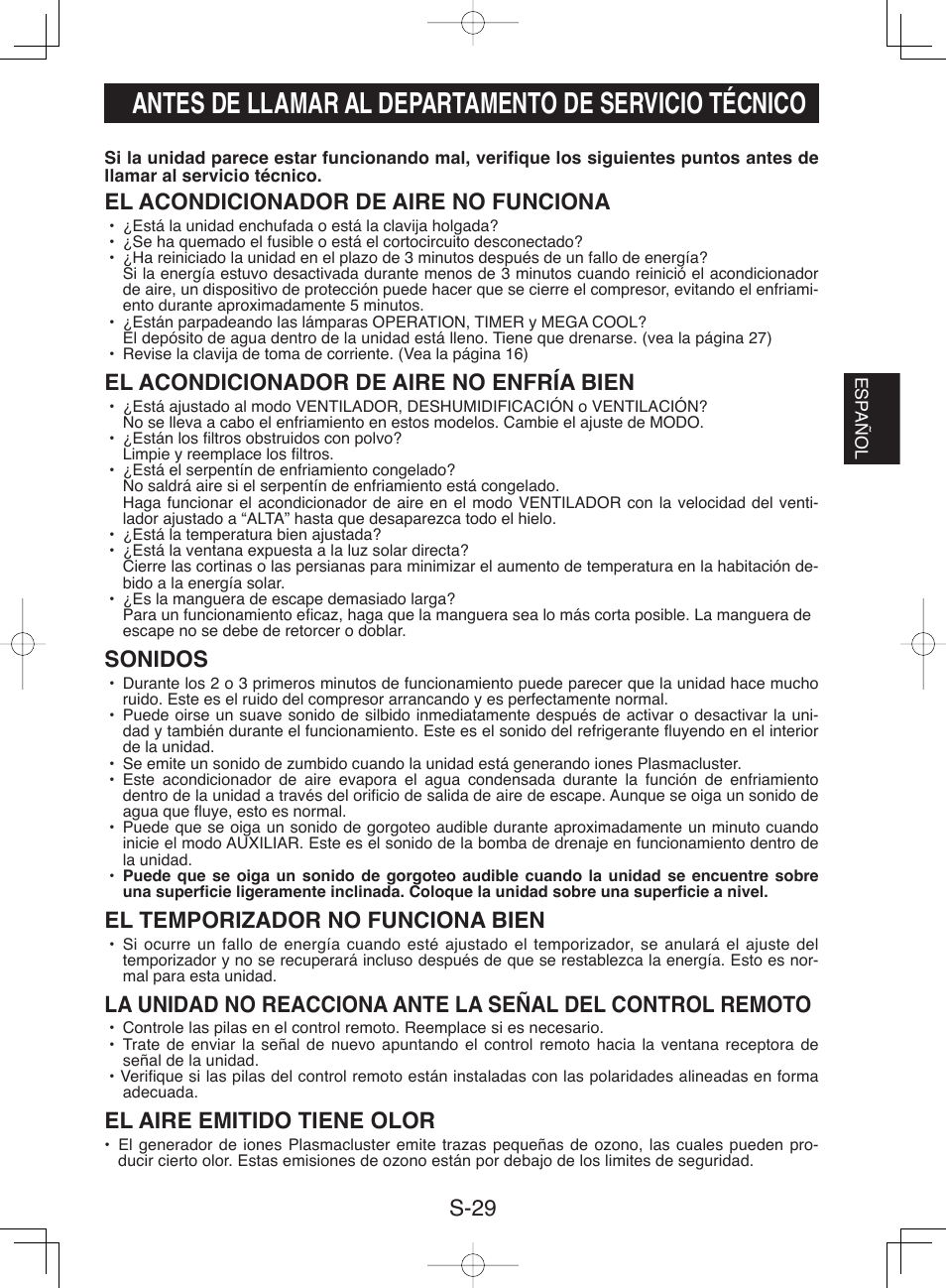 S-29, El acondicionador de aire no funciona, El acondicionador de aire no enfría bien | Sonidos, El temporizador no funciona bien, El aire emitido tiene olor | Sharp CV-P10NC User Manual | Page 61 / 64