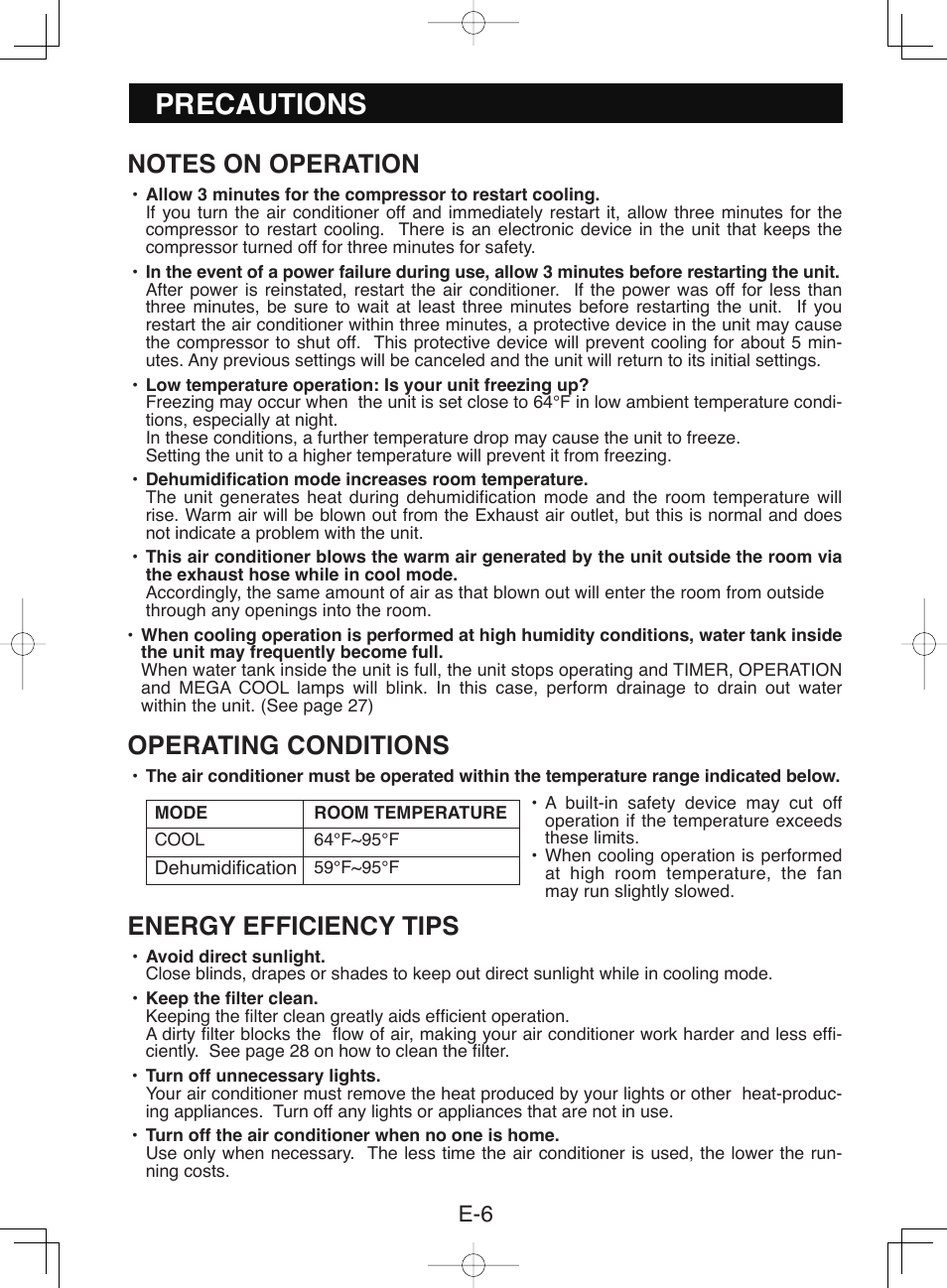 Precautions, Operating conditions, Energy efficiency tips | Sharp CV-P10NC User Manual | Page 8 / 64