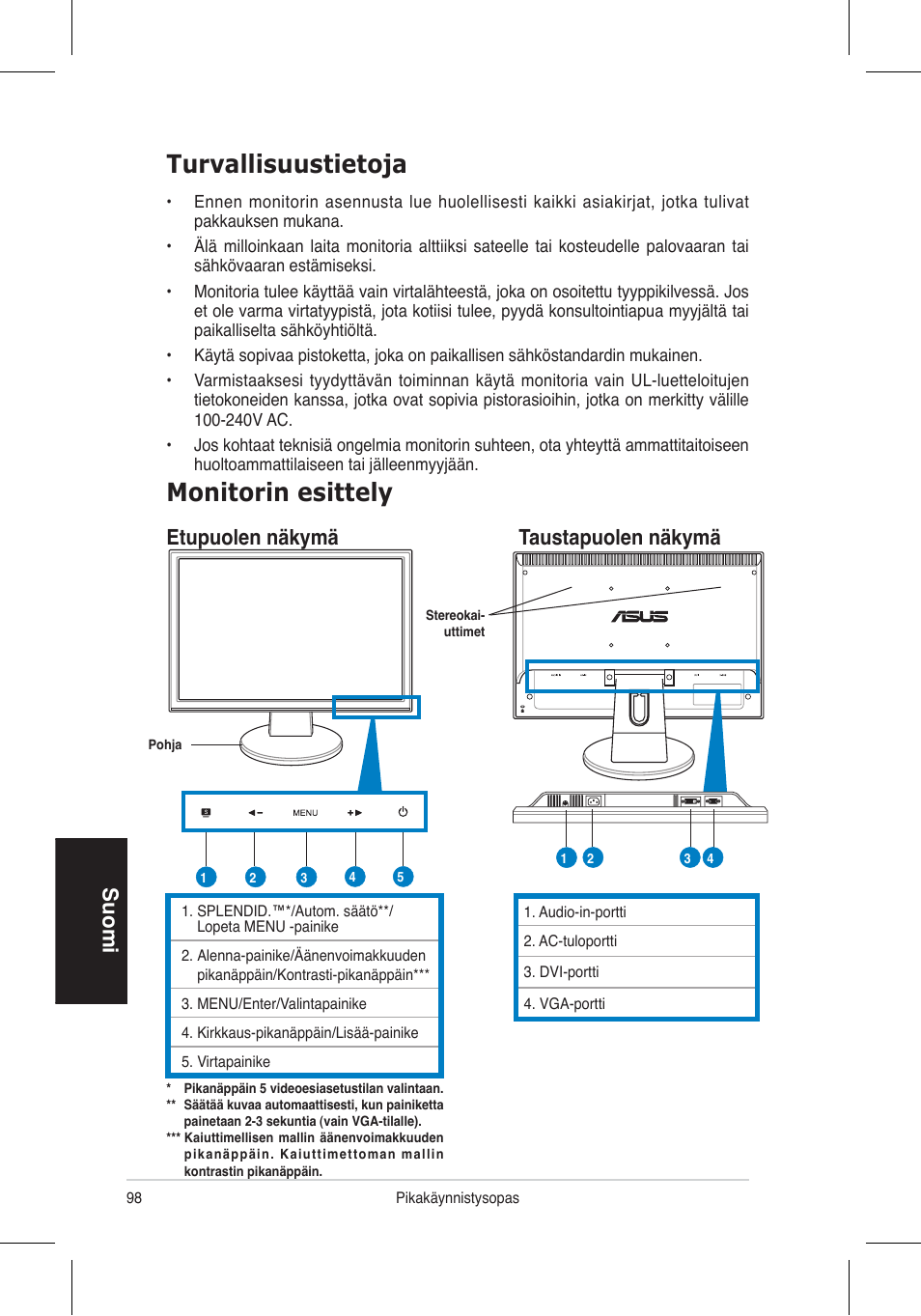 Turvallisuustietoja, Monitorin esittely, Suomi | Etupuolen näkymä taustapuolen näkymä | Asus VW195 User Manual | Page 100 / 170