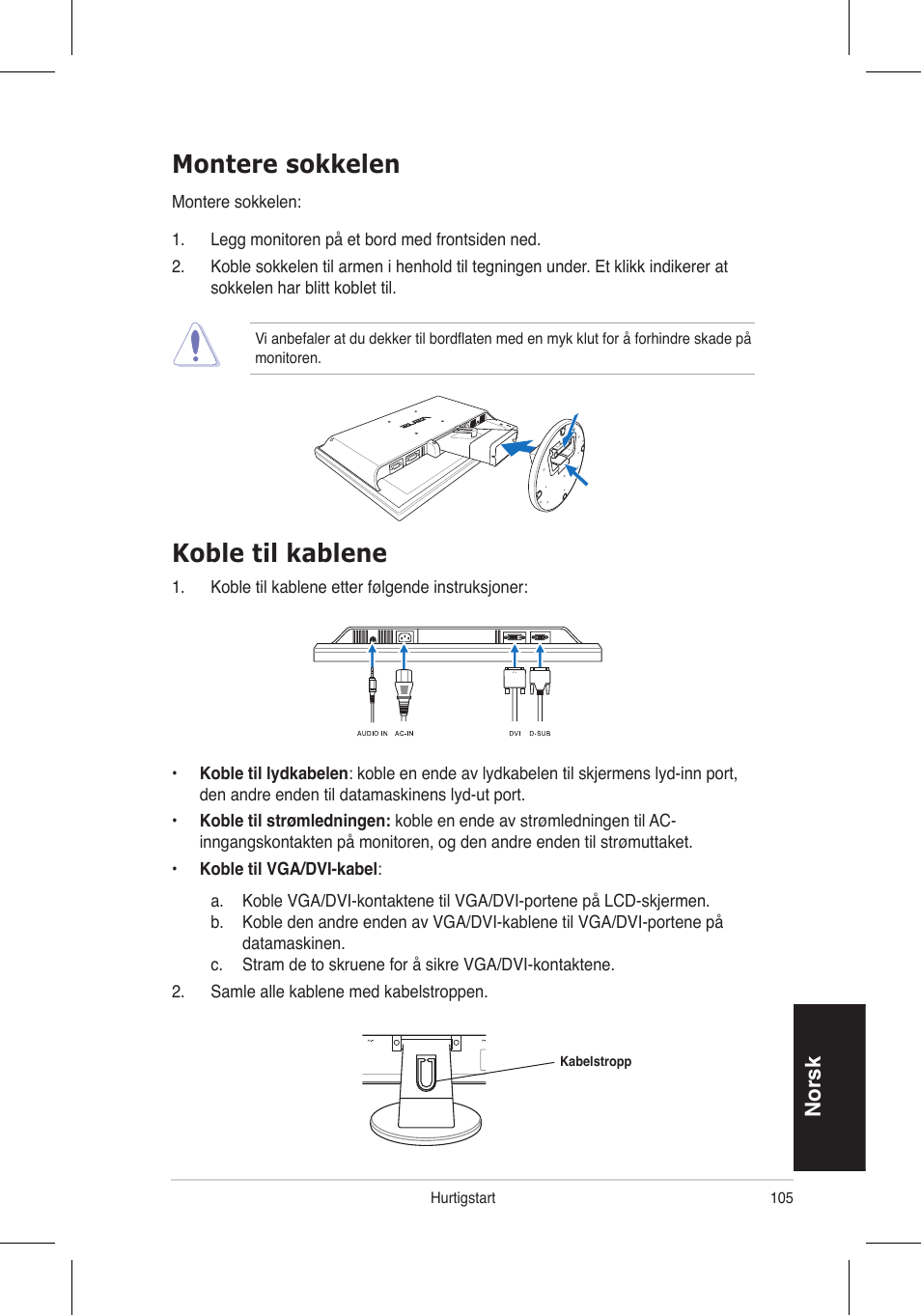 Koble til kablene montere sokkelen, Norsk | Asus VW195 User Manual | Page 107 / 170