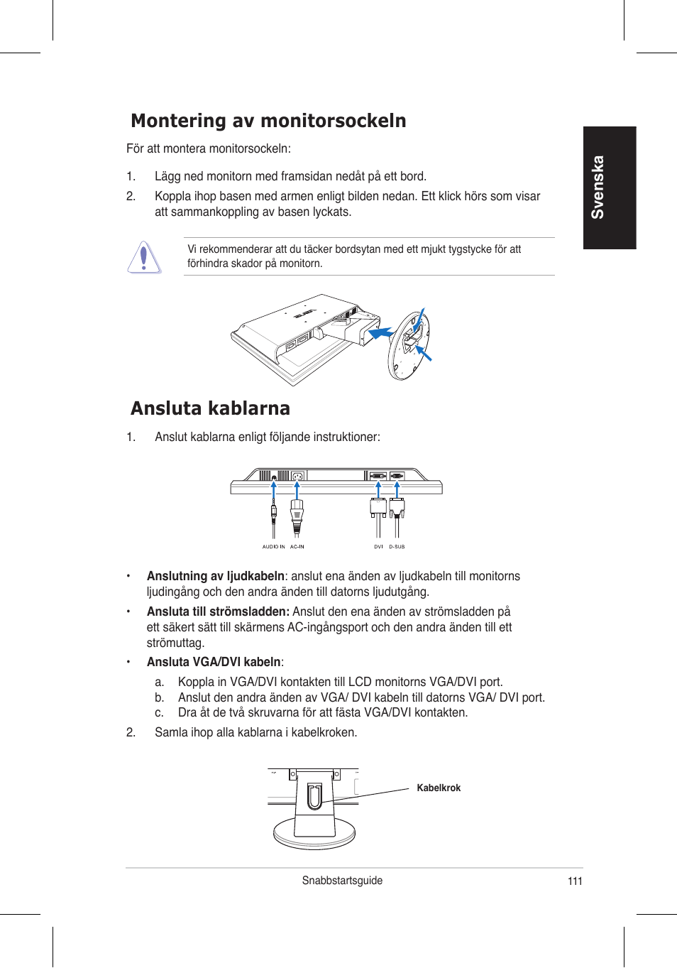 Ansluta kablarna montering av monitorsockeln, Svenska | Asus VW195 User Manual | Page 113 / 170