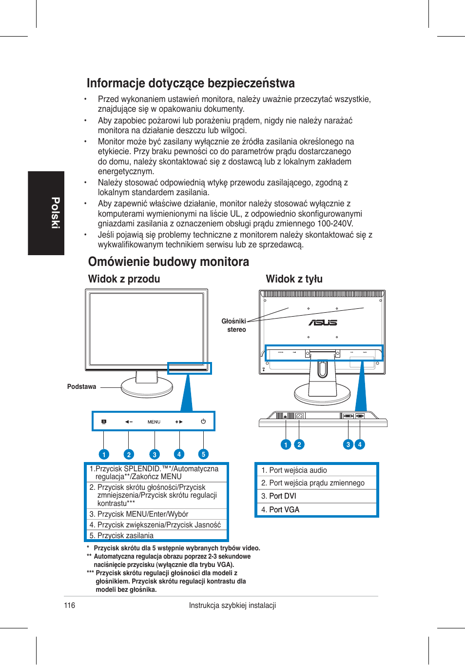 Informacje dotyczące bezpieczeństwa, Omówienie budowy monitora, Polski | Widok z przodu widok z tyłu | Asus VW195 User Manual | Page 118 / 170