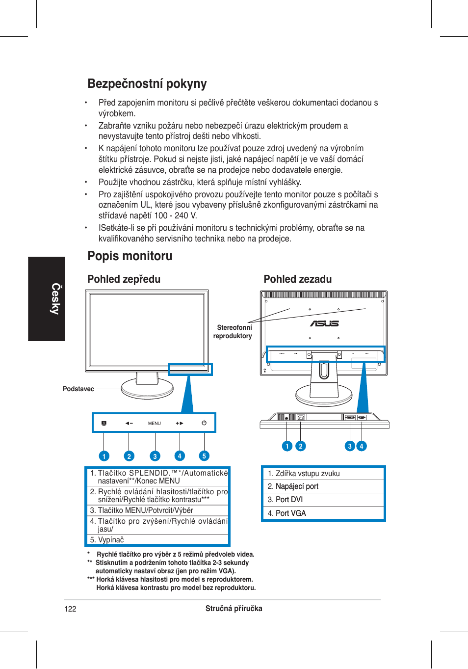 Bezpečnostní pokyny, Popis monitoru, Česky | Pohled zepředu pohled zezadu | Asus VW195 User Manual | Page 124 / 170