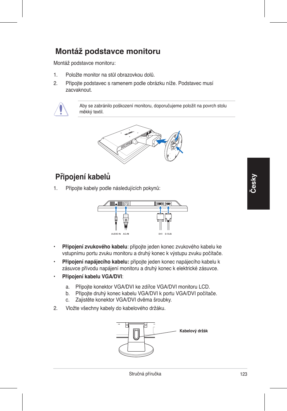 Připojení kabelů montáž podstavce monitoru, Česky | Asus VW195 User Manual | Page 125 / 170