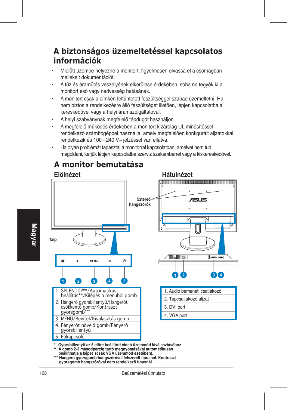 A monitor bemutatása, Magyar, Elölnézet hátulnézet | Asus VW195 User Manual | Page 130 / 170