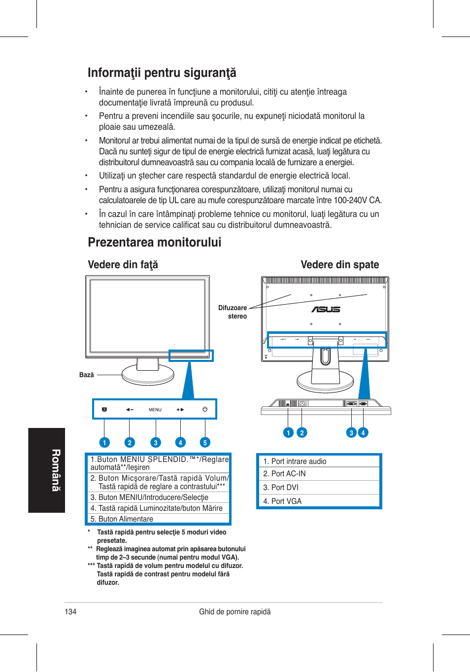 Informaţii pentru siguranţă, Prezentarea monitorului, Română | Vedere din faţă vedere din spate | Asus VW195 User Manual | Page 136 / 170