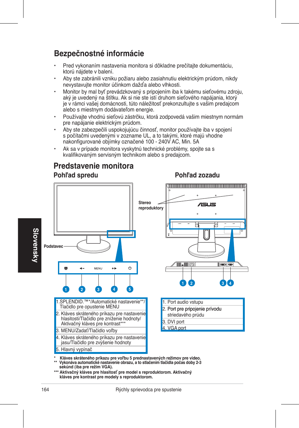 Bezpečnostné informácie, Predstavenie monitora, Slovensky | Pohľad spredu pohľad zozadu | Asus VW195 User Manual | Page 166 / 170