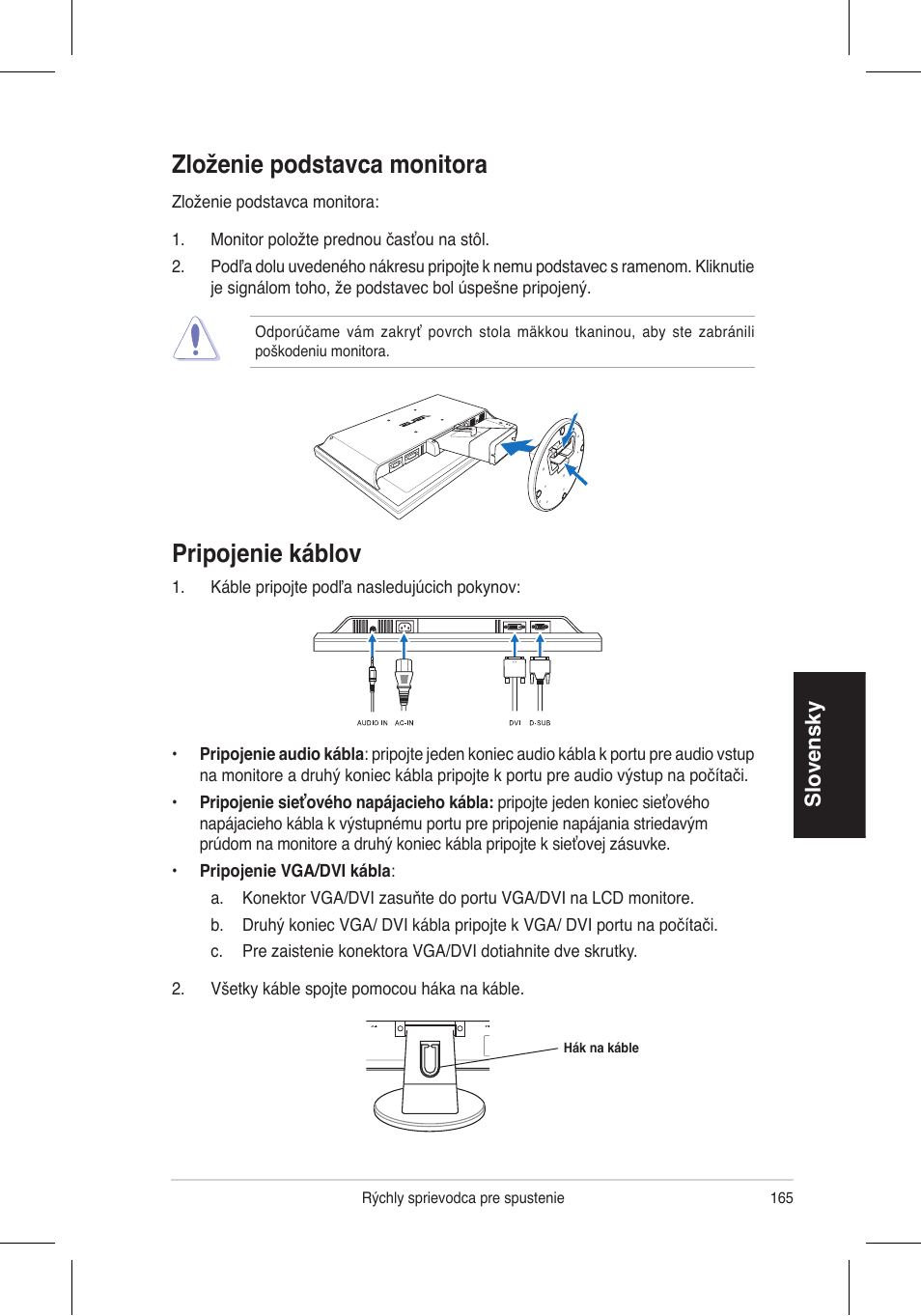 Pripojenie káblov zloženie podstavca monitora, Slovensky | Asus VW195 User Manual | Page 167 / 170