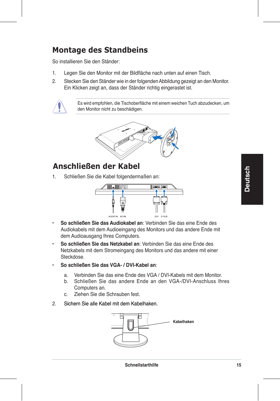 Montage des standbeins, Anschließen der kabel, Deutsch | Asus VW195 User Manual | Page 17 / 170