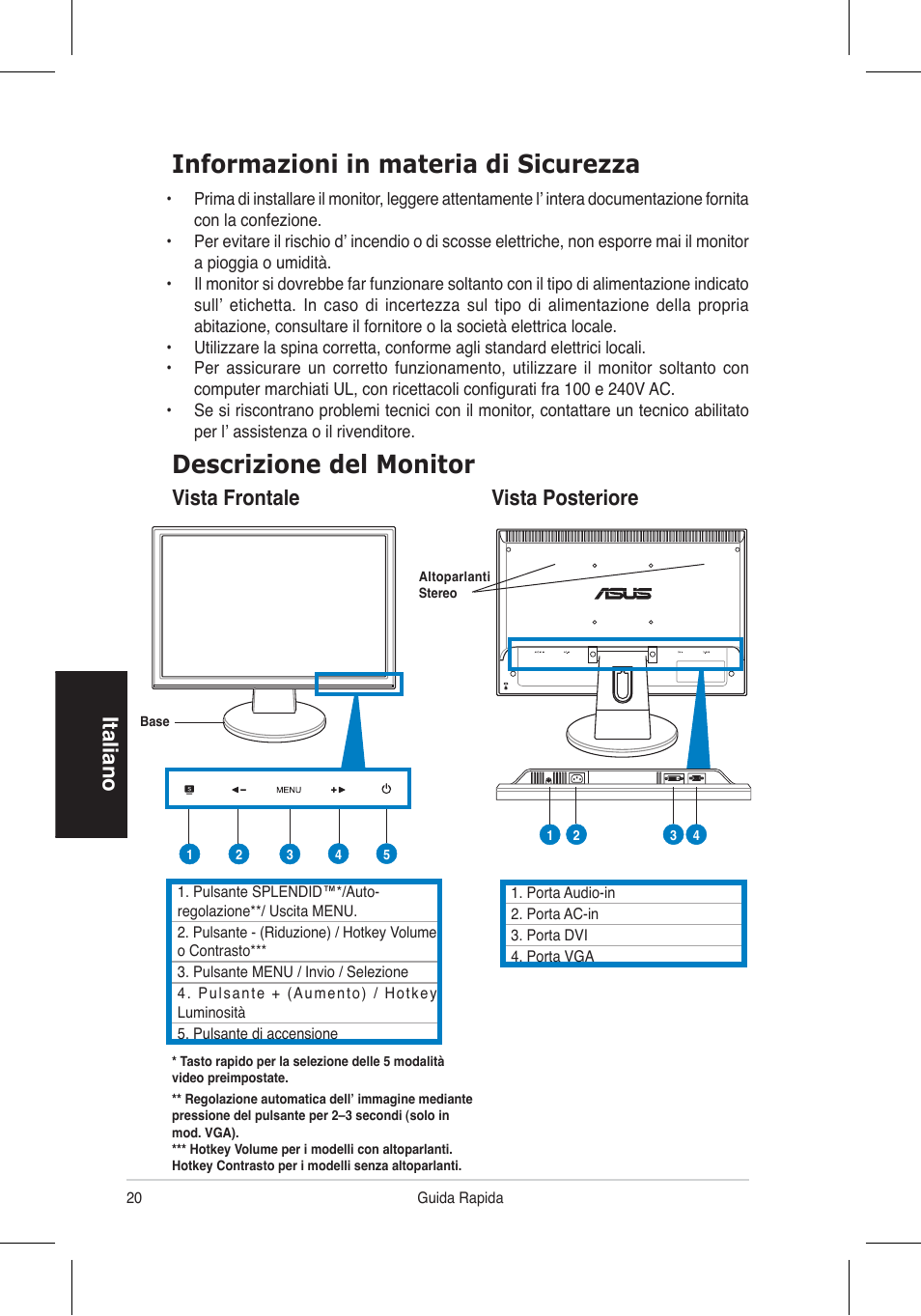 Informazioni in materia di sicurezza, Descrizione del monitor, Italiano | Vista frontale vista posteriore | Asus VW195 User Manual | Page 22 / 170