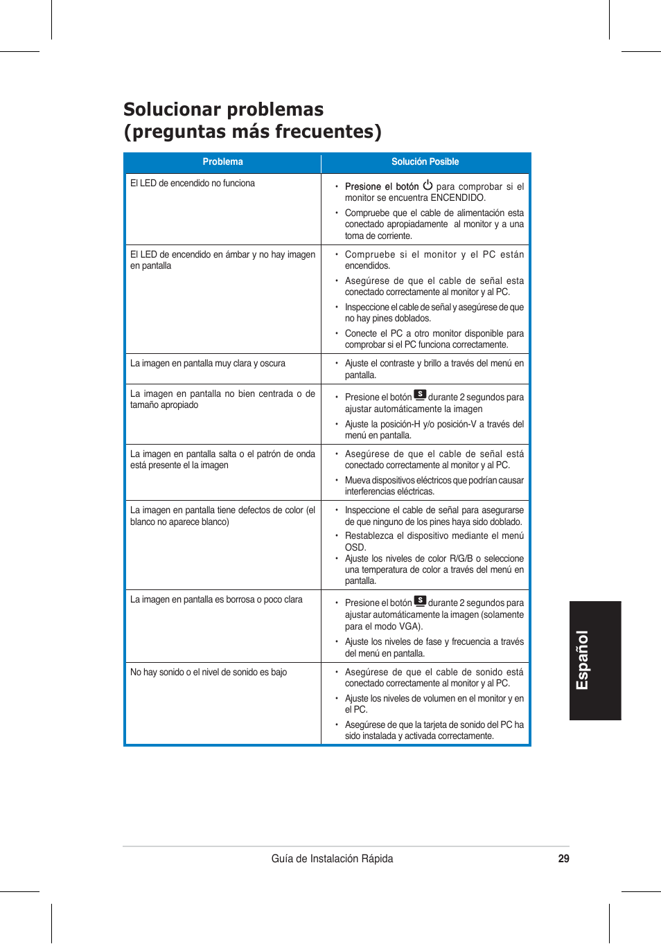 Solucionar problemas (preguntas más frecuentes), Español | Asus VW195 User Manual | Page 31 / 170