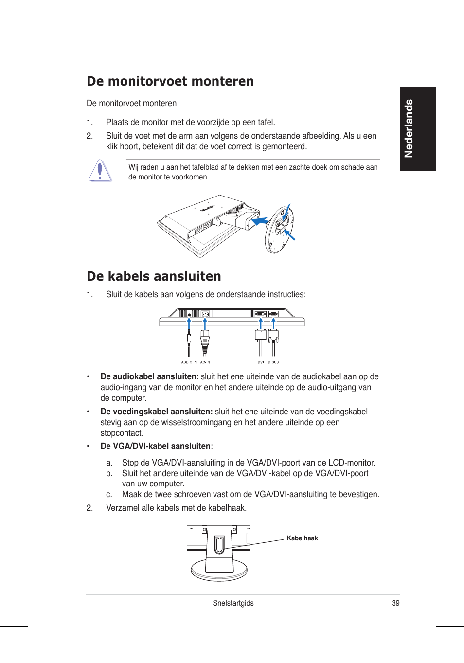 De monitorvoet monteren, De kabels aansluiten, Nederlands | Asus VW195 User Manual | Page 41 / 170