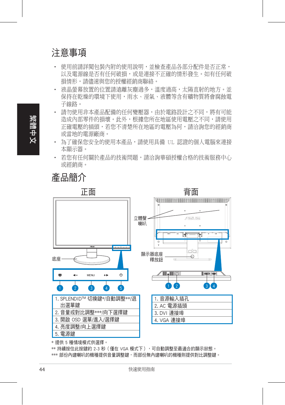 注意事項, 產品簡介, 正面 背面 | 繁體中文 | Asus VW195 User Manual | Page 46 / 170