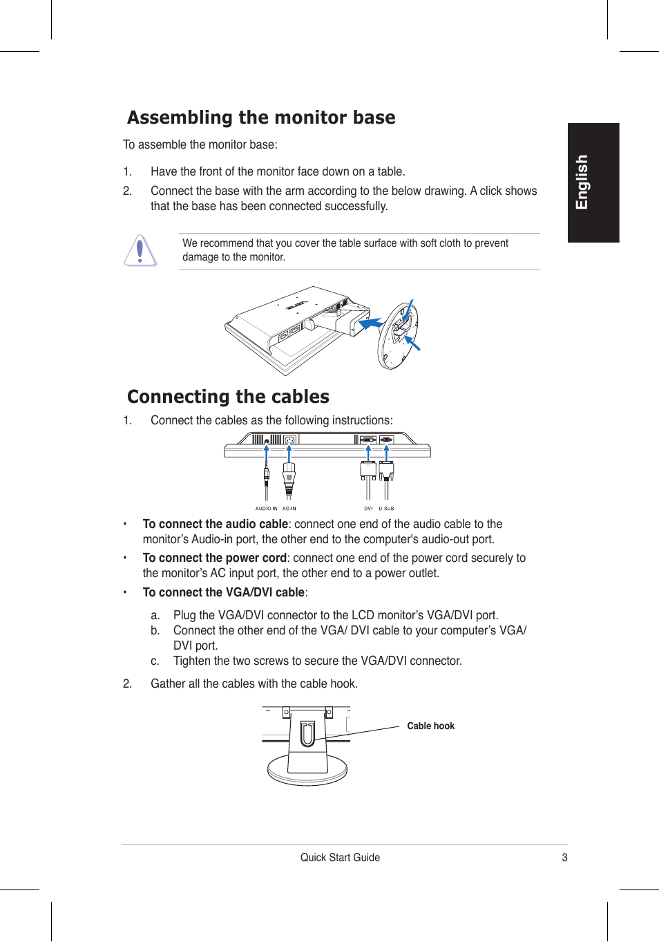 Connecting the cables assembling the monitor base, English | Asus VW195 User Manual | Page 5 / 170